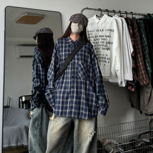 2024 Brown Plaid Long Sleeve Mens Shirt Summer Sun Protection Vintage American Style Early Autumn Outerwear Loose Fit Youth Trend