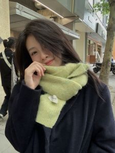 Warm Knitted Woolen Scarf for Women Winter Green Solid Color Versatile Student Korean Style Thickened Rectangle Neck Warmer