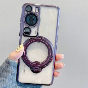 For Huawei P50 P40 P30 Pro Case Plating Transparen Support Wireless Charging Rotatable Ring Stand Camera Protector Phone Cover