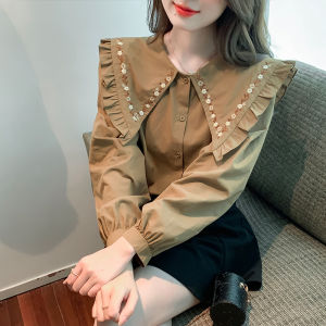 AMMIN Korean style fashion temperament embroidery doll collar long-sleeved shirt For women 2023 fall and winter new loose loose hundred matching thin bubble sleeve embroidery top tide
