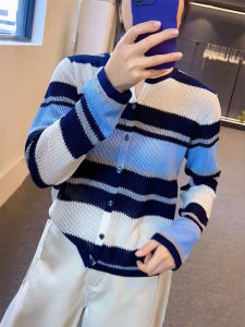 QINGNAER | Gentle Aesthetic Plus Size Fall Contrast Stripes V-Neck Long Sleeve Knit Cardigan
