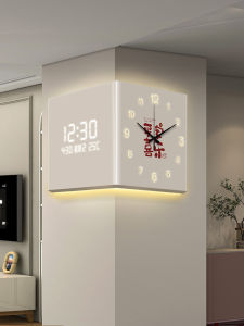 Creative Living Room Wall Clock Digital Display Automatic Time Syncing Corner Clock with Lamp No Drilling Required Home Decor