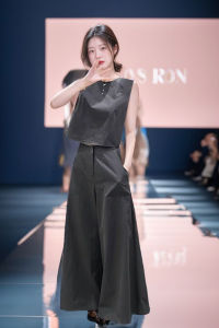 Summer Casual High Waist Womens Set Vest Top And Wide Leg Pants Two Piece Tea Themed Outfit Korean Style round Neckline