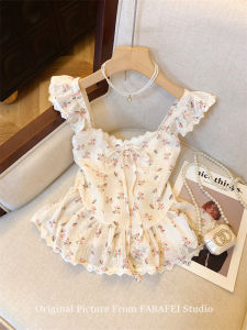 Cô Gái Ngọt Ngào Phong Cách Farbafi Kỳ Nghỉ Gió Sling Top Nữ Tay Ngắn Thực Vật Florals Voan Nút Thắt Bướm Bể Bụng Bao Phủ Váy