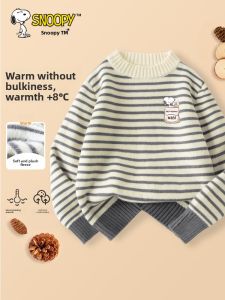 Snoopy Childrens Thickened Warm Knitted Sweater Boys Winter Top Cotton Polyester Blend Long Sleeve round Neck Stripe Pattern