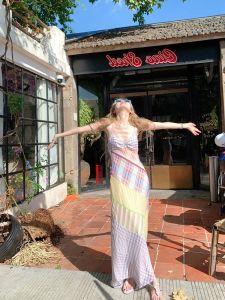 Yozo Studio Colored Plaid Printed V-neck Dress Womens Summer Spaghetti Strap Irregular Long Dress