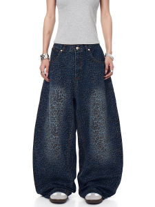 กางเกงยีนส์ทรงหลวมสไตล์อเมริกันย้อนยุคแบบเรียบง่ายสำหรับผู้ชายและผู้หญิง ทรงหลวม ทรงตรง กางเกงขายาวลายเสือดาว