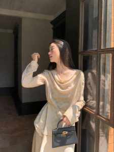 Áo Blouse Tay Dài Thiết Kế Giảm Cân và Thanh Lịch Phong Cách Pháp