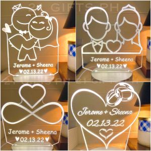 Wedding Souvenir Acrylic LED Lamp with Text Customized Personalized Couple Ring Hearts Ninong Ninang