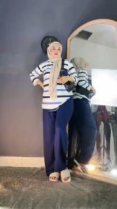 Setelan Baju Wanita Garis & Motif Pelangi Kekinian Yg Lagi Viral Oneset Terbaru Dress Lengan Panjang Karet Kerut