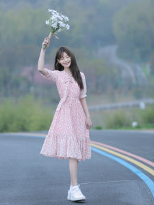 Lo Liang Snowflake Retro Floral Print Chiffon Dress Women Summer Short Sleeve Midi Length Elastic Waist Fresh Style Skirt