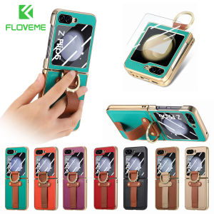 FLOVEME Plating With Small Screen Film Protector Folding Phone Case For Samsung Galaxy Z Flip 5 5G With Wrist Strap Ring Bracket Stand Litchi Pattern PU Leather Shockproof Back Cover For Galaxy Z Flip 5