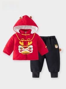 New Year Celebration Thick Cotton Outfit for Babies Traditional Chinese Tang Suit Style Winter Childrens Clothing Set