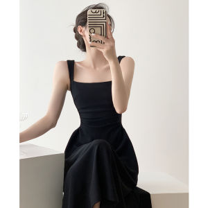 Slimming Waist Accentuating Elegance French Style Black Summer Long Dress
