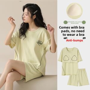 Miiow | Pure Cotton Summer Sleepwear Short Sleeve Shorts Home Leisure Womens Thin Style MiiOW Cat Person Casual Home Clothes Set