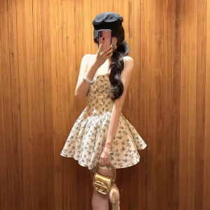 VKSOD | Vintage Floral Print Halter Dress Womens Summer Slimming A-Line Short Skirt High Waist Sweet Style Casual Holiday Wear