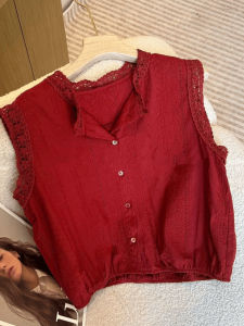 Summer 2025 New Style Lace Trim Shirt Womens Short Sleeveless Top Elegant Small Shirt Hollow out Design Vintage Commute Fashion