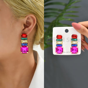 Colorful Square Glass Drop Dangle Earrings For Women Trend Luxury Design Inlaid Crystal Girl Party Elegant Jewelry Ear Pendant