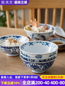 Blue Ceramics Single Porcelain Bowl Japanese Style Underglaze Blue Dinnerware High Footed Bowl for Home Use Plant Floral Pattern