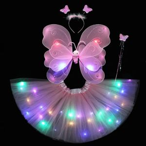 New Girls Fairy Costume Set Double Layer Butterfly Magic Wand Headband Princess Kids Performance Halloween Party Costume