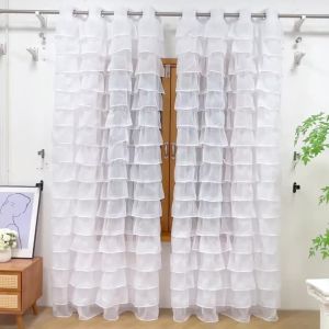 2PCS Grommet Ruffled Outdoor Sheer Curtains Light Filter Drapes For Gazebo Terrace Garden Sweet Housewarming Gift