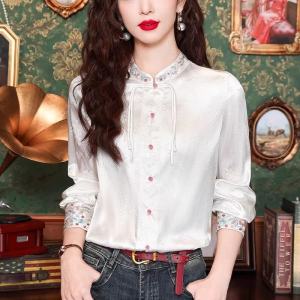 New Chinese Jacquard Tang Suit Embroider Tops Womens Clothing Early Spring and Autumn New Arrival National Style Chinese Knot Button Shirt Stand Collar Long Sleeves Shirt