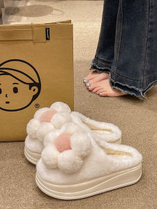 Height Increasing Cotton Slippers Womens Winter New Arrival Indoor Home Cute Flowers Closed Toe Thick Sole Non Slip Warm Plush Slippers