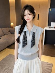 PEIXI | Áo Thun Knit Vòng Cổ V Không Tay Màu Xám