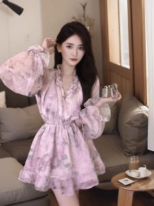 150.00kg Plus Size French Floral Long Sleeves Chiffon Dress V-neck Skirt Stylish Waist-Tight Elegant A- line Skirt