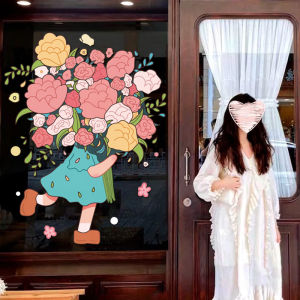 Creative Cartoon Girl Flower Embrace Decorative Stickers Shop Glass Door Personalization Wall Art PVC Waterproof Sticker