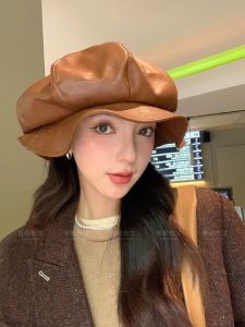 Korean Style Irregular Pleated PU Leather Beret Hat Womens Retro Octagonal Fashion Cloud Painter Cap Casual Streetwear