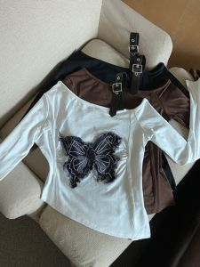 GUZILIAN | Street Style Velvet Long Sleeve One Shoulder Top Butterfly Decoration Asymmetric Hem Design Autumn Fashion For Young Women