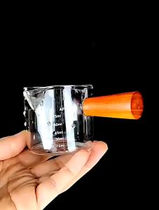 Double Spouts Measuring Triple Pitcher Milk Cup with Wood Handle 75ML Espresso Shot Glasses Parts Clear Glass