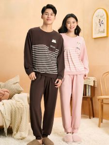LUNILAI | Couples Casual Comfortable Sleepwear Set Bear Pattern Knitted Fabric Long Sleeve Round Neck Home Clothes For Men And Women