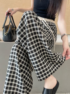 Womens Loose High Waist Wide Leg Pants Summer Thin Plaid Casual Loose Fit Straight Cut Trousers Versatile Slimming Effect