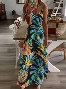 Printed Design All Seasons Collection Vacation Style Tropical Leaf Pineapple Flower Pattern Dress