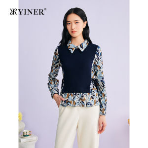 Shirt-collar Print Faux Two-piece Wool-blend Knitwear
