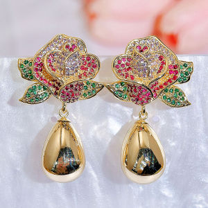 SEQUIT Attractive Golden Ear Decoration Pave Setting Green Red White Cubic Zirconia Rose Flower Dangle Drop Earrings Pearl SE964
