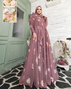Fashion Muslim CALANDRA Series Agoes Hanggono Baju Muslim Panjang Bermotif Bunga Hijab Senada dengan Latar Hijau dan Putih