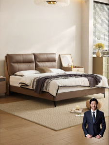 High-end Leather Double Bed for Master Bedroom Soft-packed Wedding Bed
