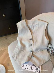 Ladies Linen Suit Vest Unique Sleeveless V-Neck Summer Style Fashionable Shoulder Pad Jacket Straight Cut Single Piece
