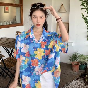 Retro Hong Kong Style Loose Short Sleeve Floral Shirt Womens Hawaiian Beach Design Sensation Unique Elegant Top