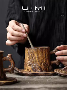 U Mi LIVING Japanese Style Handmade Thick Clay Coffee Cup Mugs Creative Home Use Tree Stump Design Ceramic Cup with Plate