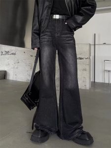 High Street Trendy Mens Jeans High Waist Zipper Closure Straight Leg Grey Color Bell Bottoms Retro Floor-Length Casual Wear