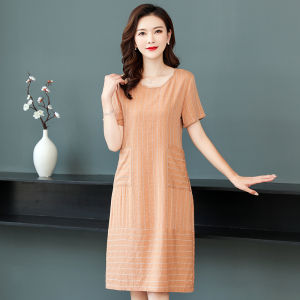 Stylish Cotton Silk Young Style Summer Dress Midi A-Line Skirt for Middle-Aged Mothers Outerwear Casual round Neck Short Sleeve