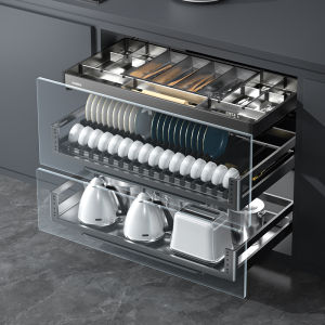 HIGOLD 500mm Pull Out Basket 2 IN 1 Double Drawer With Dish Rack 304 Stainless Steel Kitchen Storage Basket Dish Basket Premium Grey