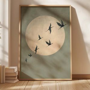 Sage Green Japandi Art Print - บทคัดย่อขนาดใหญ่ Sun และ Flying Birds Wall Art ผ้าใบ Frameless สําหรับห้องนั่งเล่นและตกแต่งห้องนอน