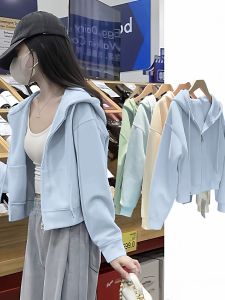 Korean Style Chic Short Zipper Hoodie Pure Color Sweatshirt Spring Autumn Womens Loose Versatile Trendy Cardigan Top