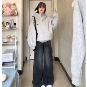 Quần Jeans Ống Rộng Cạp Cao Phong Cách Retro Màu Đen Xám Dài Cho Nữ Quần Ống Rộng Ôm Dáng Dài Đến Sàn Quần Jeans Thường Ngày