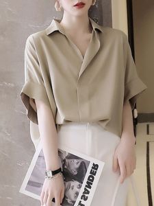 Retro Hong Kong Style V-neck Womens Shirt Summer Design Loose Slimming Short Sleeve Chiffon Blouse Korean Style Commute